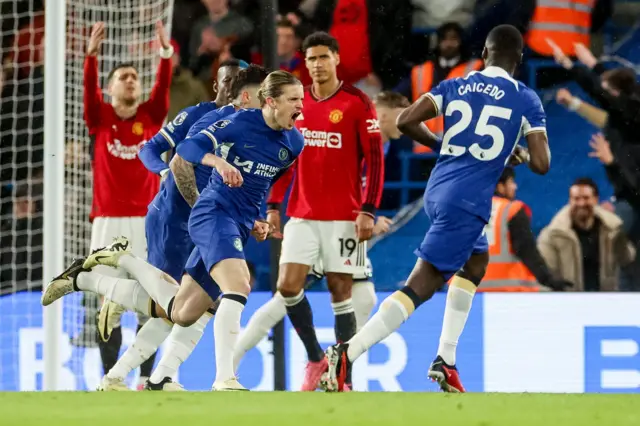 Chelsea's Conor Gallagher celebrates scoring against Manchester United