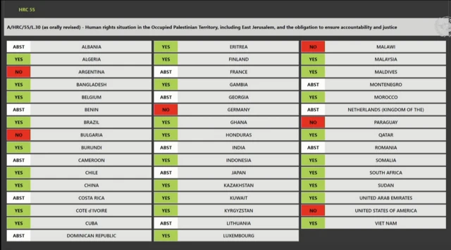 Screenshot of the vote by the UN Human Rights Council on a weapons ban in Israel