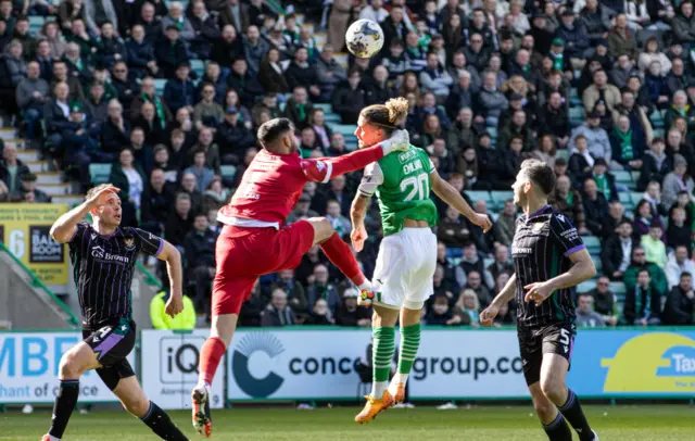 St Johnstone goalkeeper Dimitar Mitov collides with Hibernian's Emiliano Marcondes