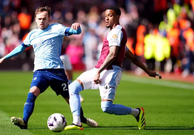 Aston Villa's Ezri Konsa (right) and Brentford's Mikkel Damsgaard