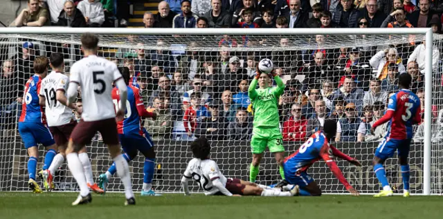 Crystal Palace's Dean Henderson saves from Manchester City's Rico LewiS