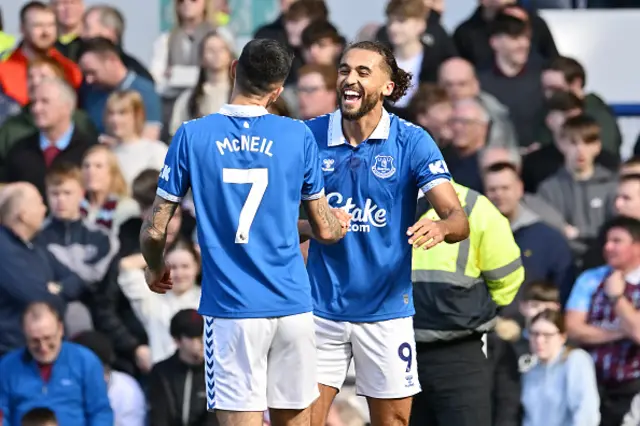 Dwight McNeil and Dominic Calvert-Lewin celebrate after the game