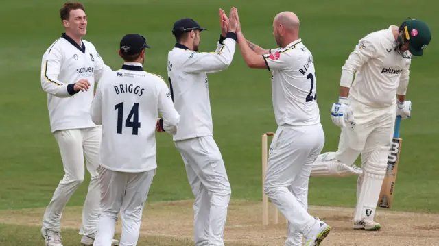 Chris Rushworth celebrates a wicket
