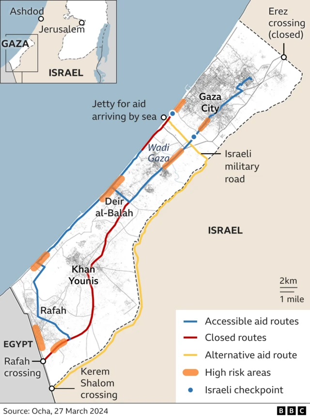 Map showing aid routes in Gaza