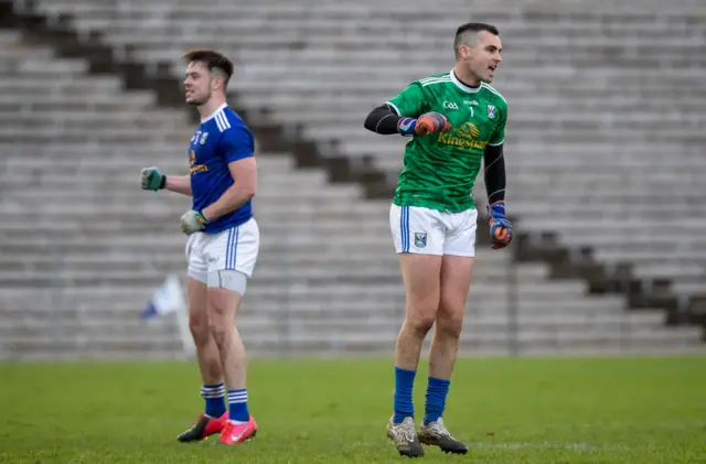 Raymond Galligan (right) celebrates after kicking the last-gasp winning score in extra-time in the last Ulster SFC meeting between Cavan and Monaghan in 2020