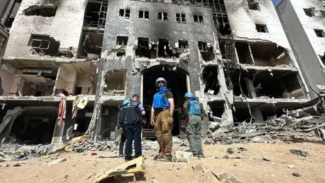 delegation from the World Health Organisation (WHO) of the United Nations visit and inspect the Shifa Hospital, which was heavily destroyed by the Israeli attacks in Gaza City, Gaza on April 05, 2024