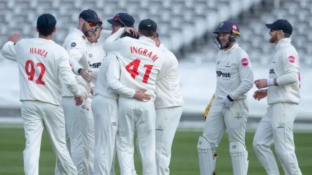 Glamorgan celebrate a wicket against Middlesex