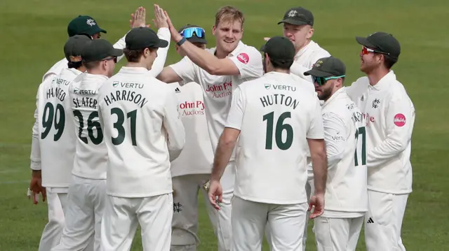 Nottinghamshire players celebrate a wicket