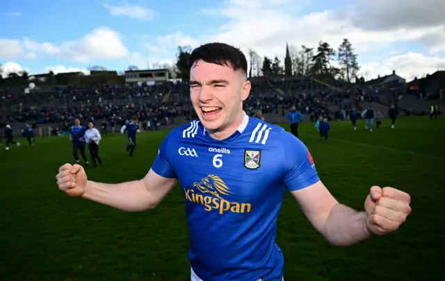 Cavan defender Niall Carolan celebrates after the Breffni County's dramatic win at Clones