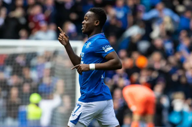 Rangers' Rabbi Matondo celebrates as he scores to make it 3-3 during a cinch Premiership match between Rangers and Celtic at Ibrox Stadium, on April 07, 2024, in Glasgow, Scotland.