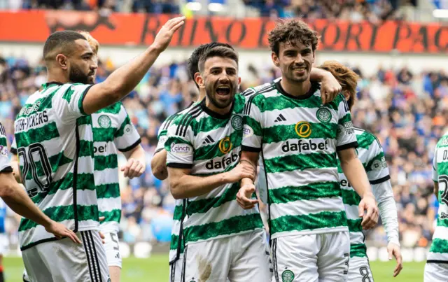 Celtic celebrate going 2-0 up from Matt O'Riley's penalty