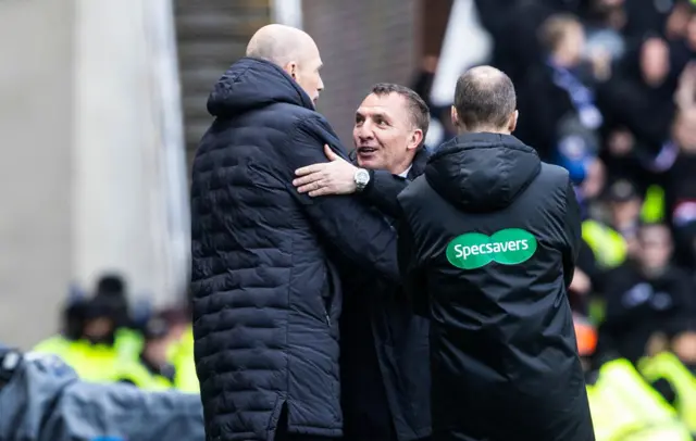 Philippe Clement and Brendan Rodgers share an embrace at full-time