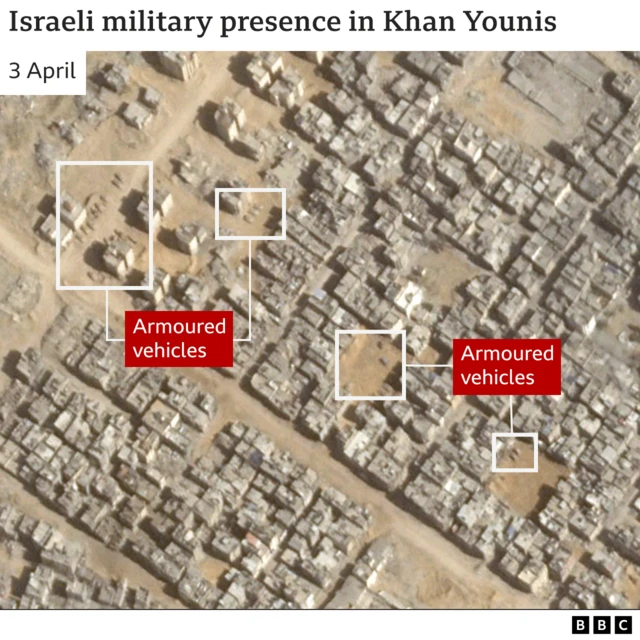 A satellite image of Khan Younis from 3 April. White squares highlight clusters of armoured vehicles.