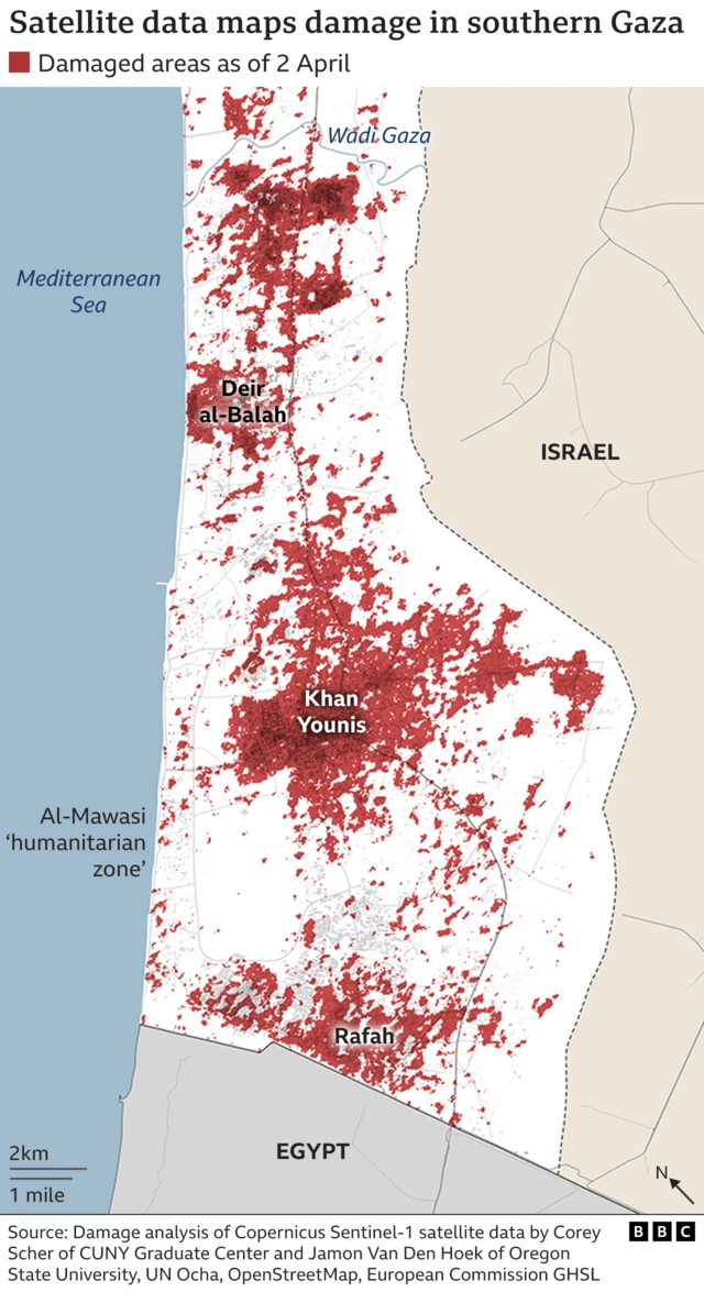 A map of the damage in Gaza. Red marks show the damaged areas of Gaza, as apparent on 2 April.