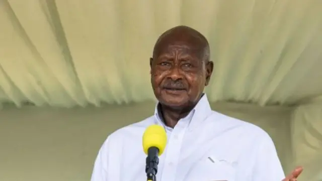 Uganda's President Yoweri Museveni speaks during a joint press conference with Russia's Foreign Minister Sergei Lavrov at the State House in Entebbe, Uganda, on July 26, 2022.