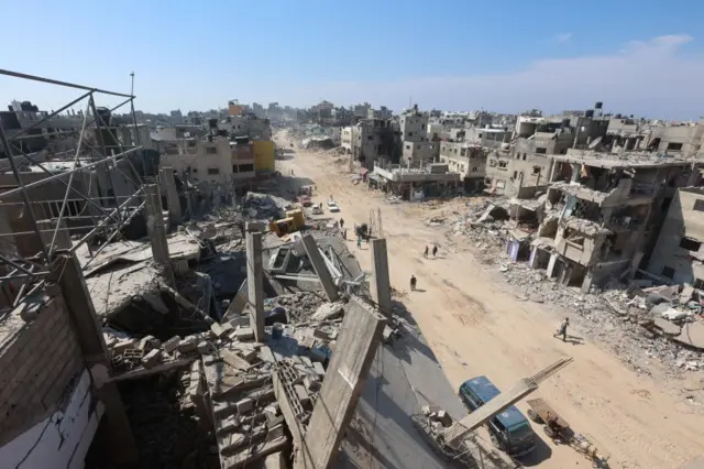 An aerial view of destroyed buildings in the Gaza city of Khan Younis