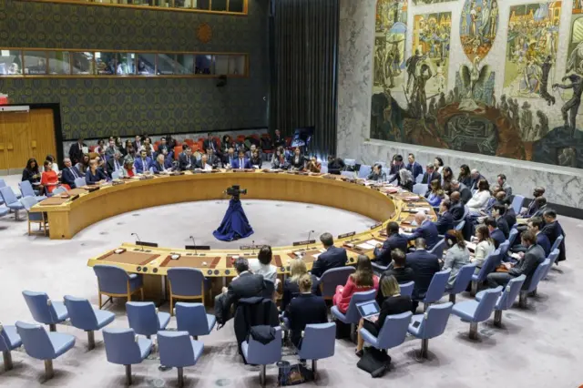 A United Nations Security Council meeting at the United Nations Headquarters in New York