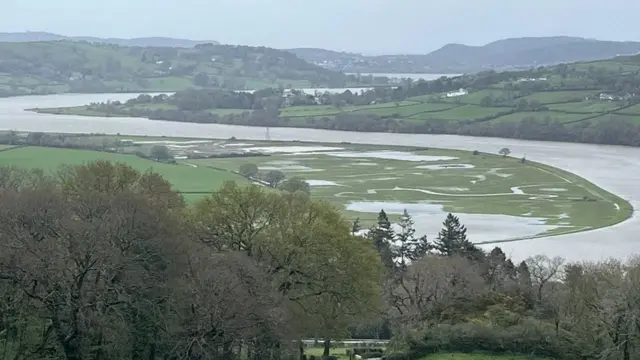 The River Conwy flooding onto farm land