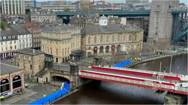 Flood barriers in place on Newcastle's Quayside