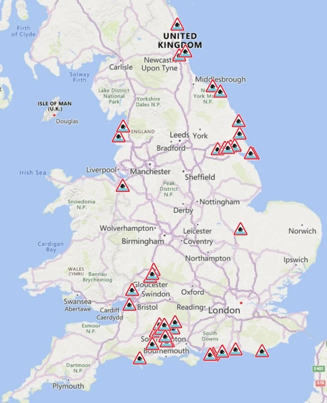 A map of England and Wales with flood warnings