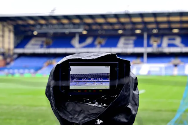 A general view of Goodison Park through a broadcast camera screen