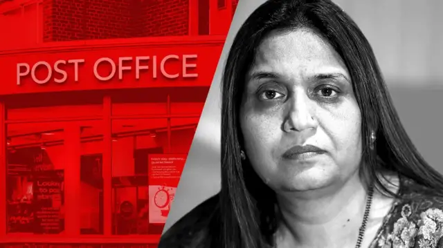 Seema Misra, a former sub-postmistress, poses for a picture in close up while a red graphic of the Post Office is shown on her left side