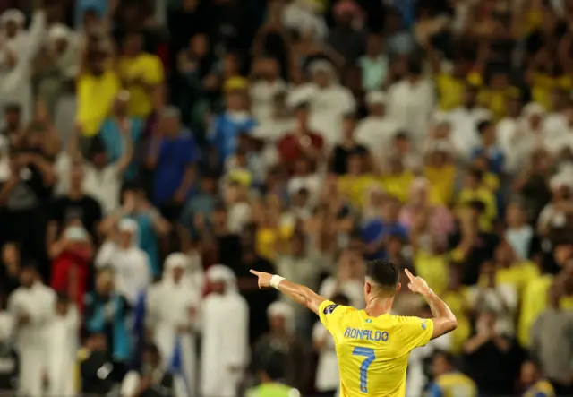 Cristiano Ronaldo reacts to the crowd after being sent off for Al Nassr