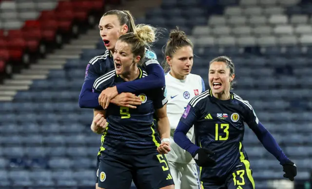 Sophie Howard celebrates her goal with Scotland teammates