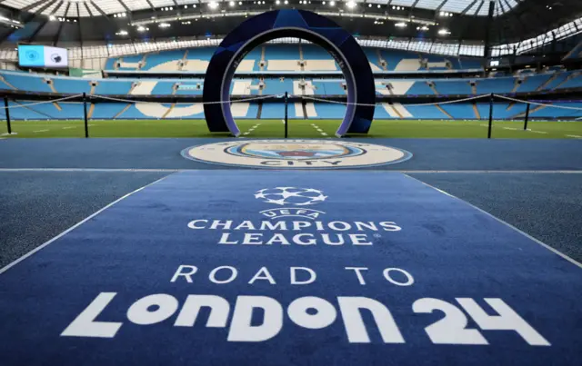 Pitchside view of Manchester City's Etihad stadium