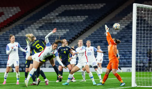 Sophie Howard's header goes past the Slovakia keeper