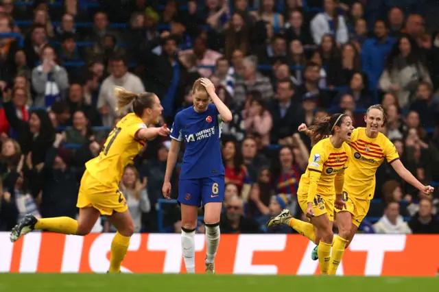 Aitana Bonmati celevbrates her goal v Chelsea, Nusken reacts in the foreground