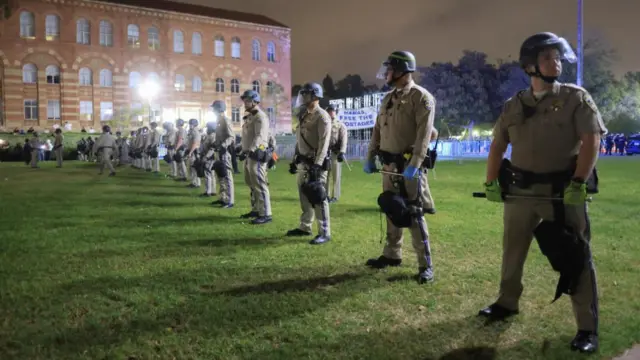 A row of law enforcement officers at UCLA