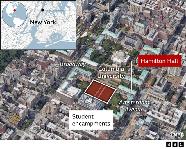 A BBC-annotated image showing the locations of Columbia University, its lawn and Hamilton Hall within New York City