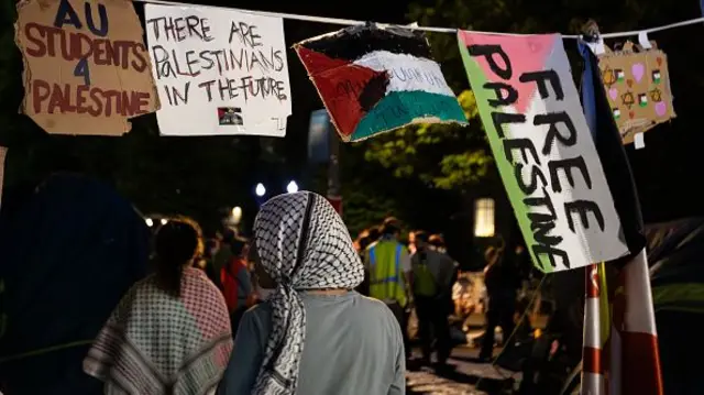 George Washington University (GWU) students take part in a Gaza solidarity encampment in conjunction with other DC-area universities, Washington, DC, 25 April 2024