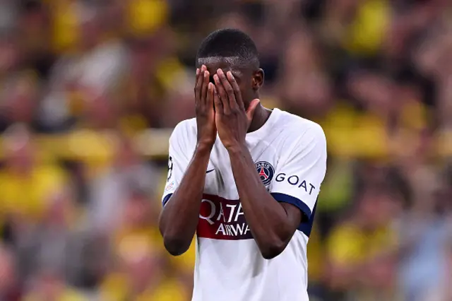 Dembele of Paris Saint-Germain reacts after a missed chance