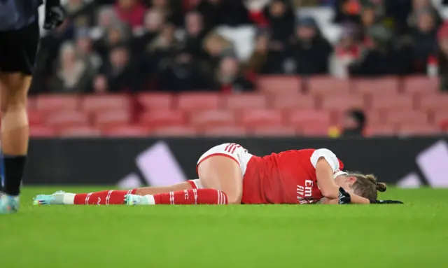 Miedema lies on the ground after injuring her ACL v Lyon in Dec 2022