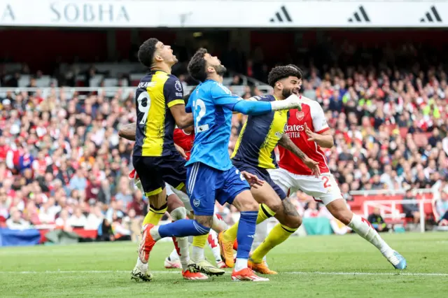 Antoine Semenyo of Bournemouth goal is ruled out after VAR rules Dominic Solanke of Bournemouth had fouled David Raya of Arsenal