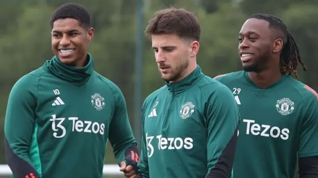 Marcus Rashford, Mason Mount and Aaron Wan-Bissaka in training