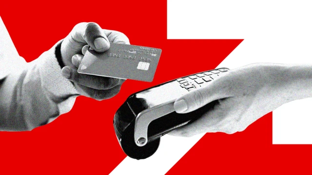 Graphic of a hand holding a debit card in front of a card machine