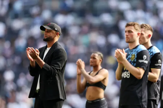 Vincent Kompany, Manager of Burnley, applauds the fans after the Premier League match between Tottenham Hotspur and Burnley FC