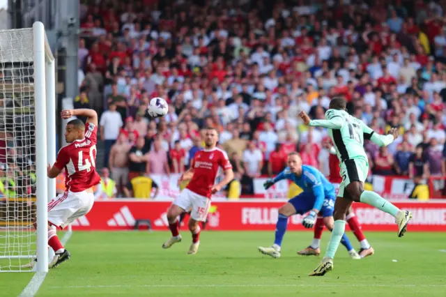 Nicolas Jackson of Chelsea scores a header to make it 2-3 during the Premier League match between Nottingham Forest and Chelsea FC