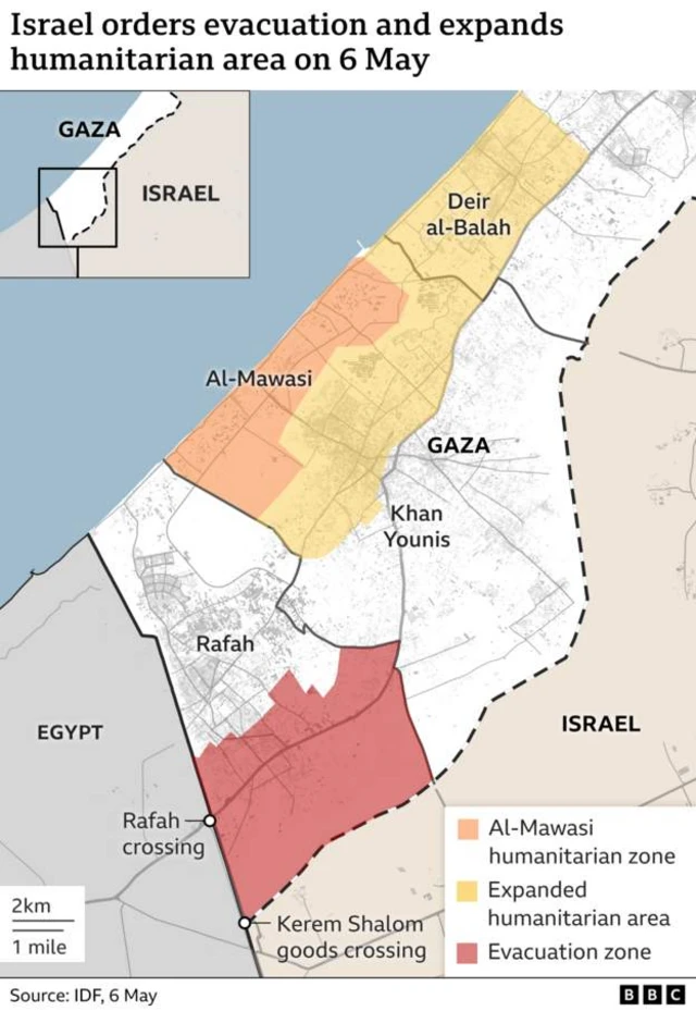 A map showing the designated evacuation areas in the Gaza Strip