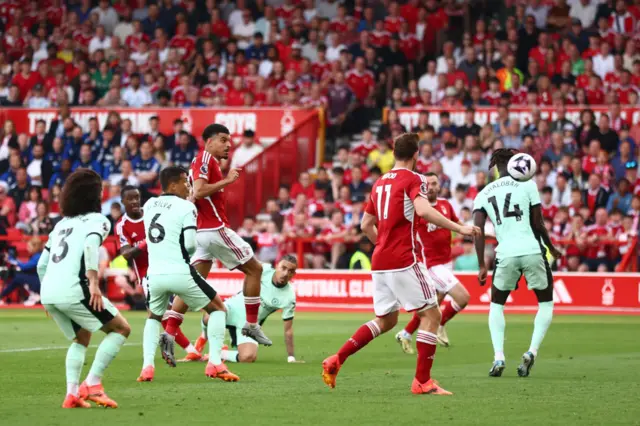 : Callum Hudson-Odoi of Nottingham Forest scores his team's second goal during the Premier League match between Nottingham Forest and Chelsea FC