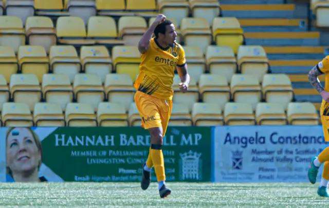 Livingston's Cristian Montano celebrates scoring to make it 1-1 during a cinch Premiership match between Livingston and St Johnstone at the Tony Macaroni Arena, on May 11, 2024, in Livingston, Scotland. (Photo by Sammy Turner / SNS Group)