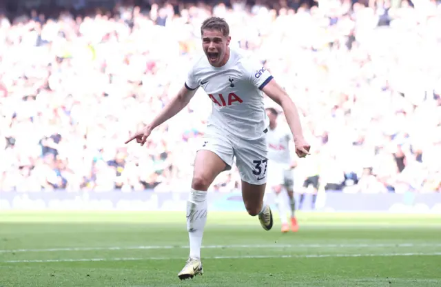 Micky van de Ven of Tottenham Hotspur celebrates scoring their teams second goal during the Premier League match between Tottenham Hotspur and Burnley FC