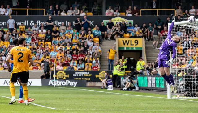 Wolverhampton Wanderers' Matt Doherty (left) looks on as his header hits the crossbar