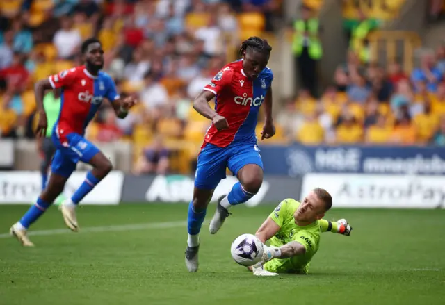 Eberechi Eze scores their third goal past Wolverhampton Wanderers' Daniel Bentley