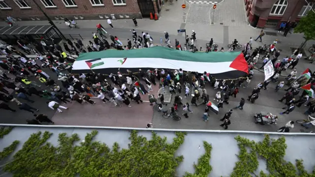 People attend a pro-Palestinian rally against the participation of Israel in the Eurovision song contest, in Malmo, Sweden, on Saturday