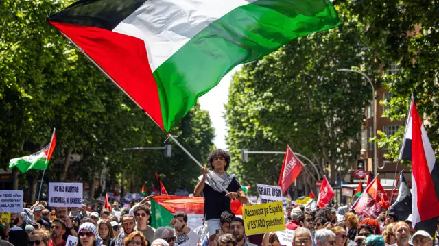 Protesters take part in a demonstration in support of the Palestinian people in Madrid, Spain