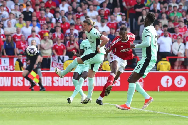 Willy-Arnaud Boly of Nottingham Forest scores a goal to make it 1-1 during the Premier League match between Nottingham Forest and Chelsea FC